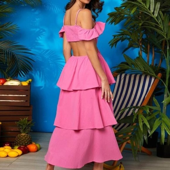 Boho Vacay Pink style trendy V-Neck Cut Out waist Tiered Layer slit Dress - Picture 3 of 7